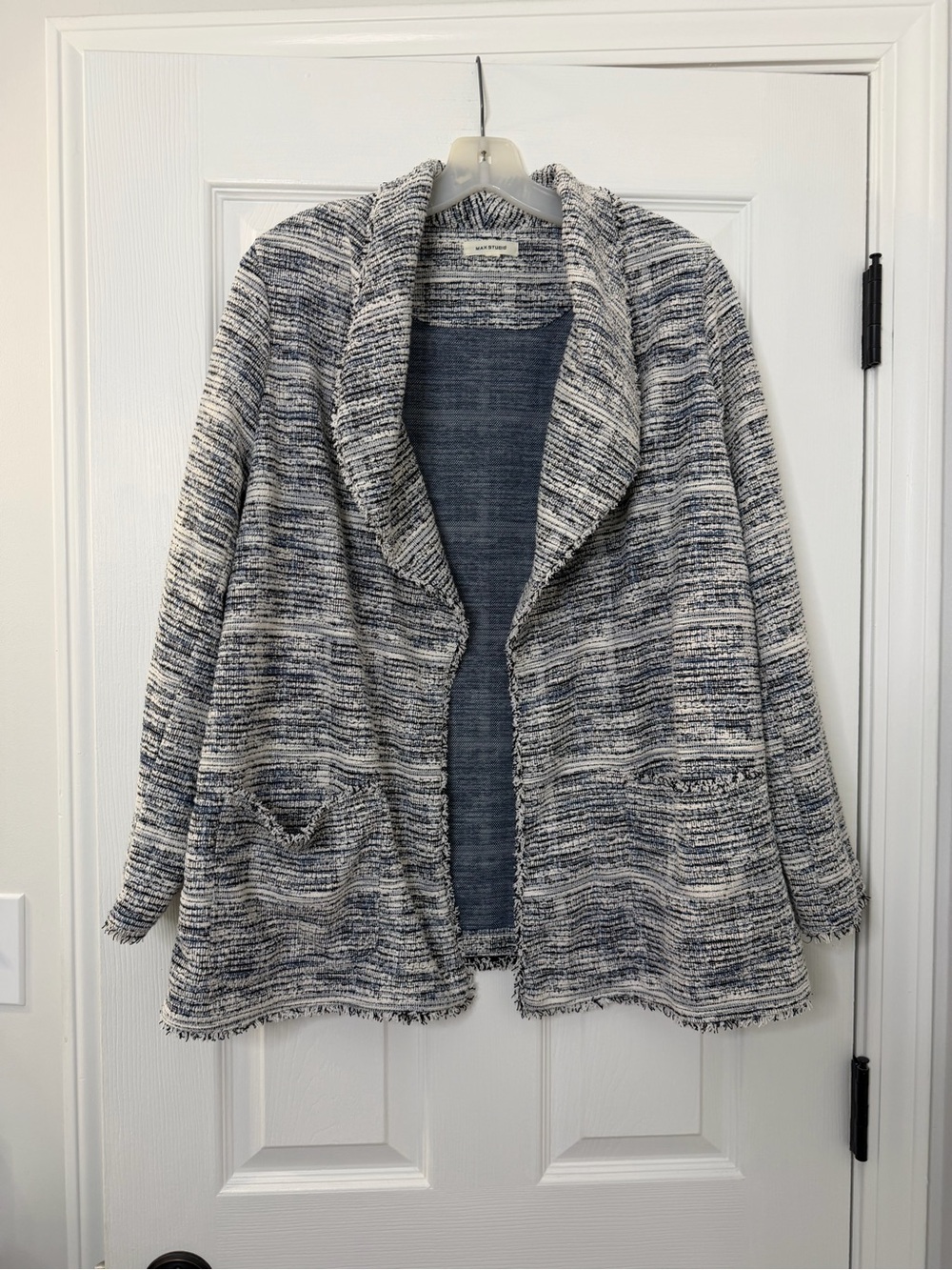 Max Studio Blue and Cream Open-Weave Cardigan Jacket